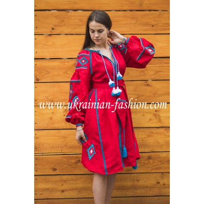 Boho Style Ukrainian Embroidered Classic Dress Red with White/Blue Embroidery